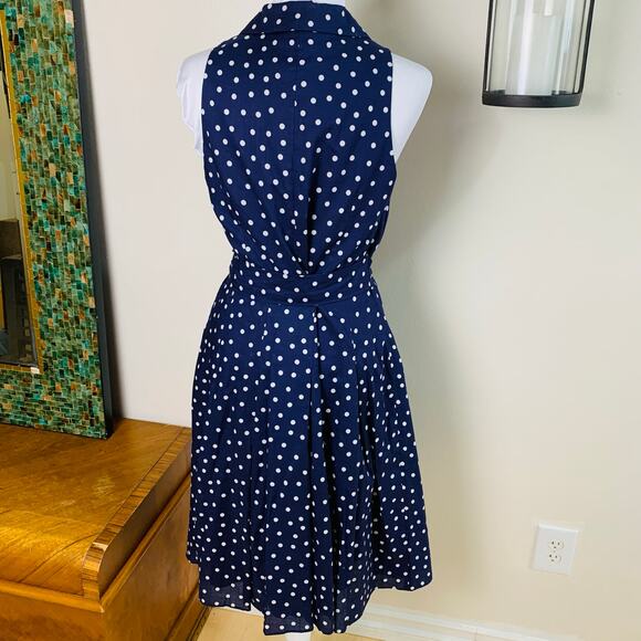 Evan Picone Size 14 Women's Polka Dot Wrap Fit & Flare Navy Blue White Retro - Picture 3 of 11